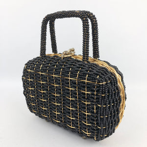 1960s Hong Kong Made Black Beaded Bag with Gold Coloured Frame