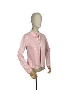 Original 1950's Pink Machine Knitted Bed Jacket with Satin Bow Tie - Sweet Cardigan - Bust 36