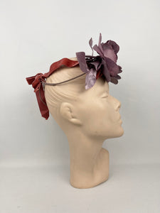 Original 1930s Pink Floral Headband with Velvet Ribbon Bow Trim - Vintage Wedding