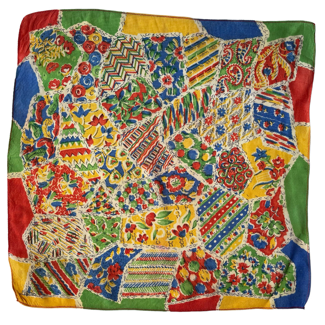 Original 1930's Pure Silk Hankie in Pretty Patchwork Design or Red, Green, Blue and Yellow - Great Gift Idea