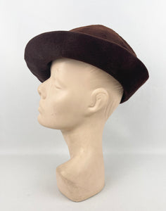 Original 1930’s Warm Brown Fur Felt Hat with Appliqué Trim in Green, Rust and Mustard *