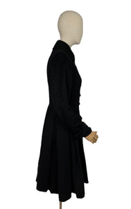 Original 1940's Black Wool Fit and Flair Princess Coat by Pober of New York - Bust 34"