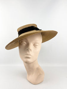 Original 1940s Natural Straw Hat with Black Velvet Trim - AS IS