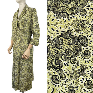Original 1940s Volup Day Dress in Chartreuse with Black and White Print - Bust 40 42 44 *