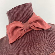 Load image into Gallery viewer, Original Late 1930s Burgundy Straw Hat with Large Grosgrain Bow Trim
