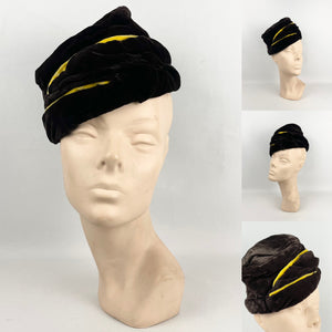 Original 1940s Dark Brown Velvet Topper Hat with Mustard Velvet Trim