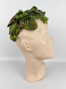Original 1950's Green Grapes and Vine Leaves Half Hat with Bow Trim *