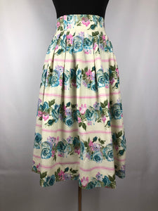 Original 1950s Yellow and Blue Cotton Skirt with Bold Roses Print - Waist 26" 27"