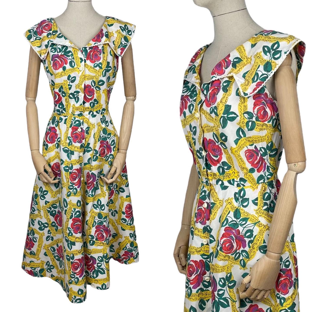 Original 1950's Novelty Print Dress of Roses in Picture Frames - Bust 36 37 38 *