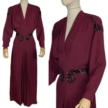 Load image into Gallery viewer, Original 1940&#39;s Burgundy Satin Backed Crepe Sequined Evening Dress with Tie Belt by Crompton Perry - Bust 38 40 42
