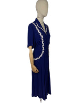 Load image into Gallery viewer, Original 1940&#39;s French Navy Crepe Day Dress with White Applique Trim - Bust 44
