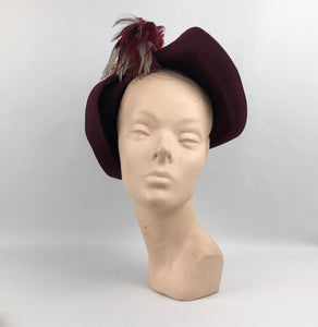 1930s Burgundy Felt Hat with Grey and Burgundy Feather Trim