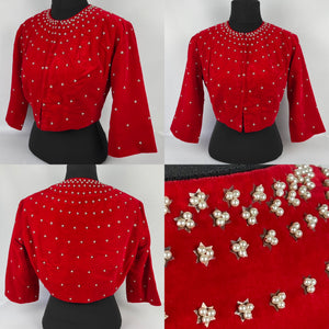 Perfect for Christmas Original 1950s Cotton Velvet Zip Front Cropped Jacket with Sequin and Faux Pearl Decoration - Bust 38" 39" 40"