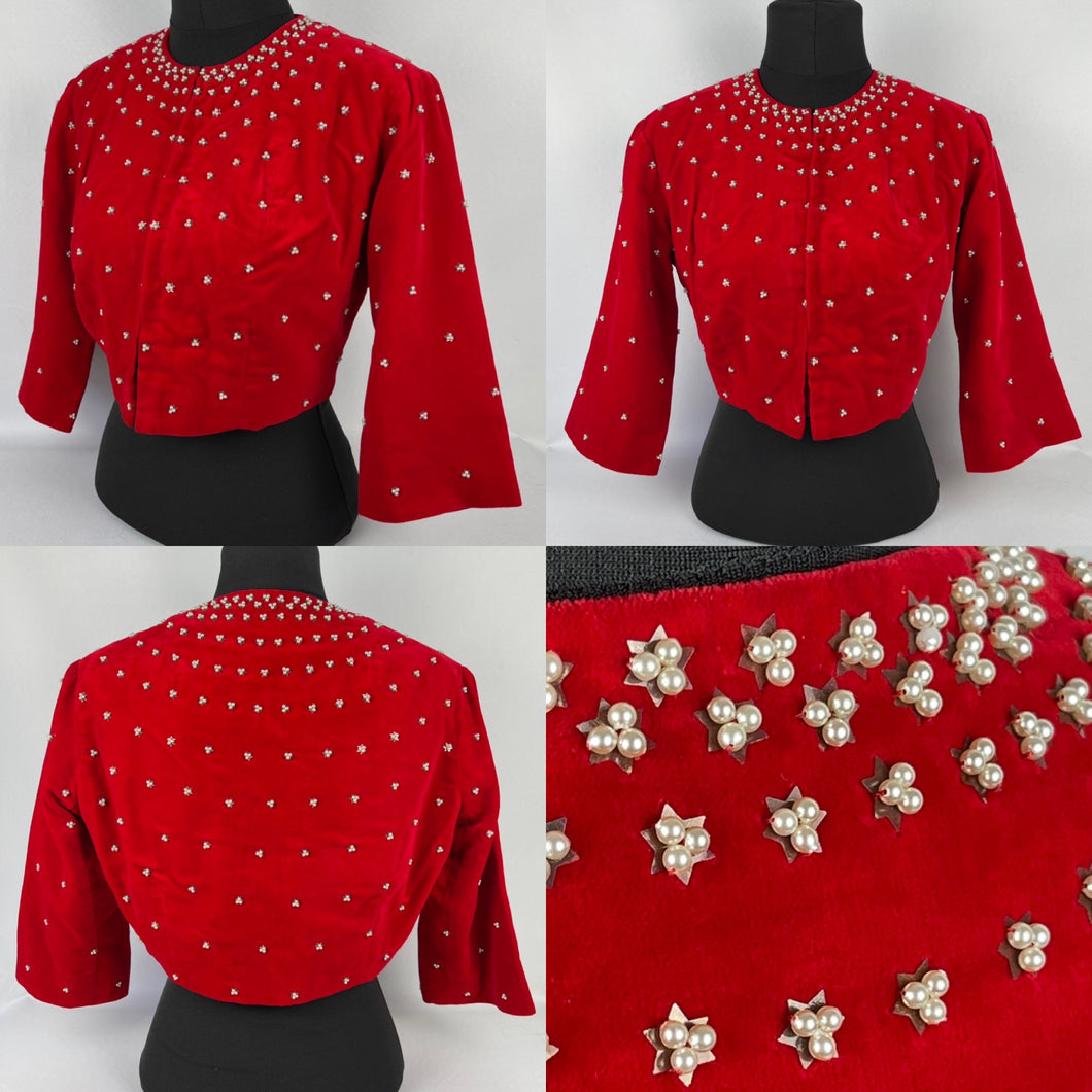 Perfect for Christmas Original 1950s Cotton Velvet Zip Front Cropped Jacket with Sequin and Faux Pearl Decoration - Bust 38
