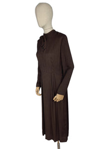 Original 1930's Dark Brown Floppy Long Sleeved Day Dress with Button Neck and Bow - Bust 38