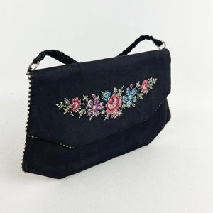 Original 1940's or 1950's Black Fabric Bag with Embroidered Roses and Flowers
