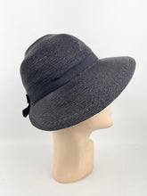 Load image into Gallery viewer, Original 1920s 1930s Dark Blue Straw Cloche Hat with Grosgrain Trim
