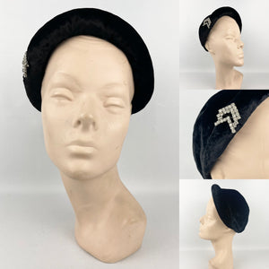 Original 1930s Close Fitting Black Velvet Hat with Padded Brim and Paste Trim