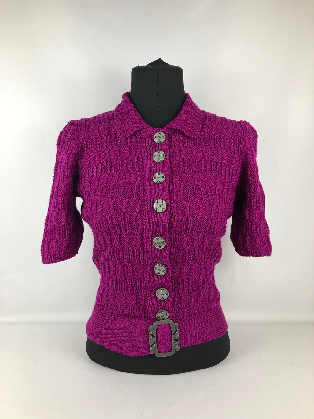 1940s Reproduction Handknitted Belted Cardigan with Collar from March 1941 - Bust 36 37 38 39 40