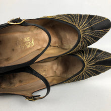 Load image into Gallery viewer, Original 1930s Black Satin Dance Shoes with Gold Trim and Paste Buckle Size 3 3.5
