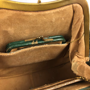 Incredible 1930s 1940s Green Snakeskin and Leather Handbag