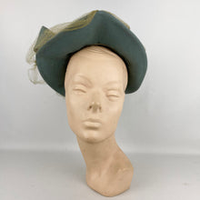 Load image into Gallery viewer, Original 1930’s 1940’s Blue Grey Bogie De Bow Felt Hat with Bow and Net Trim with Matching Hat Pins
