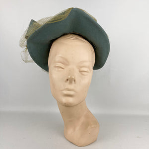 Original 1930’s 1940’s Blue Grey Bogie De Bow Felt Hat with Bow and Net Trim with Matching Hat Pins