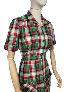 Original 1930's 1940's Fine Cotton Plaid Dress in Red, White and Green - Bust 36 38