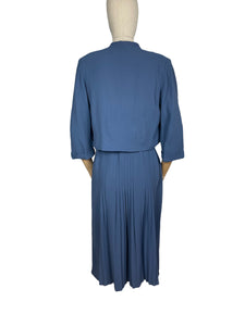 Original 1940's Blue Crepe Dress and Jacket Set with Lace Front and Belt - Bust 36 37