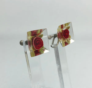 RESERVED DO NOT BUY 1940s 1950s Reverse Carved Lucite Rose Earrings with Screw Backs