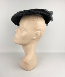Original 1950's Black Straw Hat with White Fabric Flowers and Net Trim