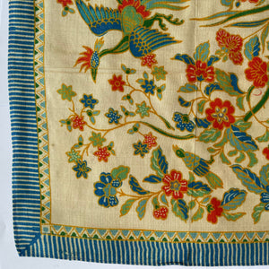 Original 1920's Pongee Silk Hankie with Floral Print and Bold Bird Design - Great Gift Idea