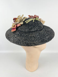 Original 1930's Black Straw Hat with Charming Faded Flora Flower Trim