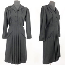 Load image into Gallery viewer, 1930s 1940s Black Wool Pleated Dress with Ruffle Trim - Bust 36
