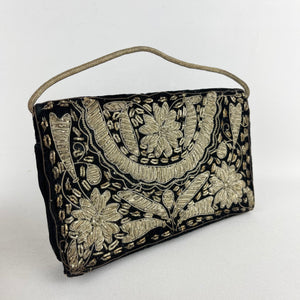 Vintage Black Velvet Evening Bag with Metallic Gold Embroidery