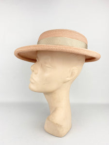 Original 1930s 1940s Soft Pink Straw Hat with Grosgrain Bow Trim