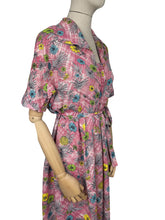 Load image into Gallery viewer, Original 1950&#39;s Pink Cotton Dress with Floral Print in Blue, Yellow, Grey and Green - Bust 38 40 *
