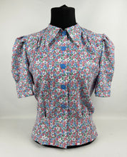 Load image into Gallery viewer, RESERVED 1940s Reproduction Floral Print Blouse with Red, White and Blue Flowers - B34 35
