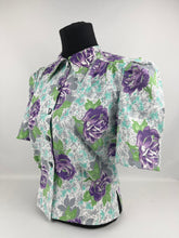 Load image into Gallery viewer, 1940&#39;s Reproduction Floral Print Blouse with Large Purple Roses and Grey Buttons Made From an Original 1940&#39;s Feed Sack - Bust 34&quot;
