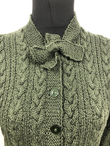 Reproduction 1930s Green Cable Knit Cardigan with Bow Neck Tie - B35 38