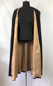1920s 1930s Black Textured Crepe Coat with Gold Lining and Glass Buttons - Bust 38 40