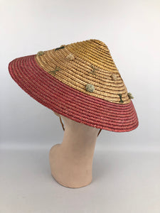 Original 1950s Tri Coloured Conical Straw Hat - Perfect Summer Hat