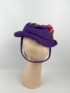 Original 1940s Rich Purple Felt Hat with Cerise Pink Velvet Flower Trim *