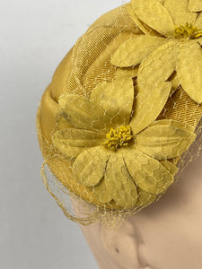 Original 1950’s Half Hat in Ochre Yellow Grosgrain - Pretty Net and Flower Trim - Perfect for Autumn