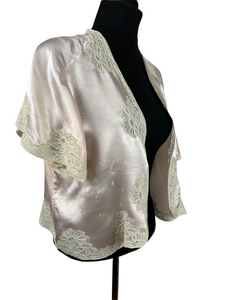Original 1930's 1940's Pale Pink Satin Bed Jacket with Lace Trim - Bust 34 36