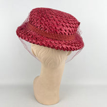 Load image into Gallery viewer, Original 1940&#39;s Stunning Pink Coarse Straw Hat with Grosgrain Trim and Face Veil
