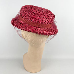 Original 1940's Stunning Pink Coarse Straw Hat with Grosgrain Trim and Face Veil