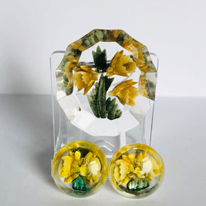 Yellow Lucite Brooch and Earring Set