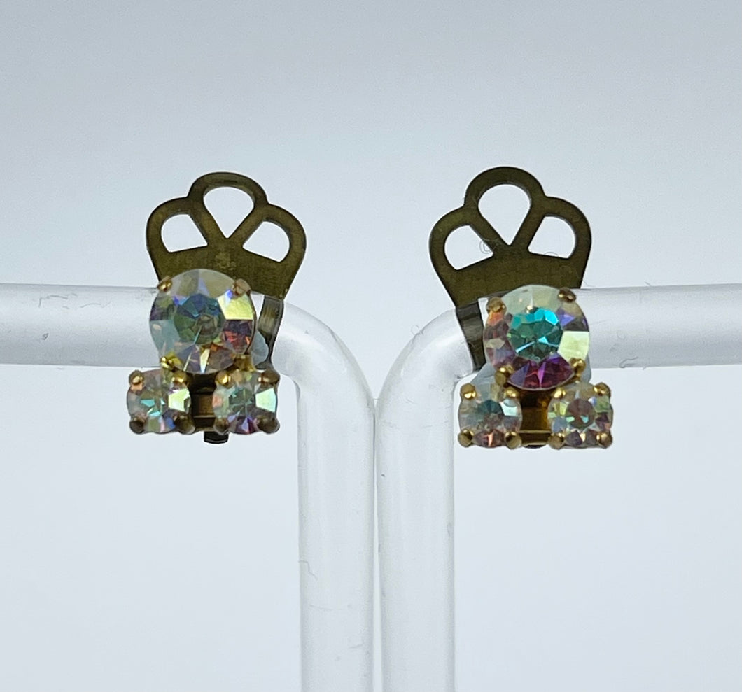 Tiny Vintage Aurora Borealis Triple Stone Clip-on Earrings