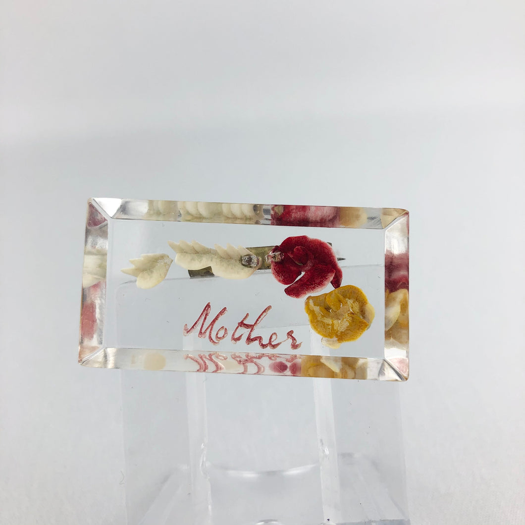 Original 1940s 1950s Rectangular Reverse Carved Lucite Mother Brooch with Flowers *